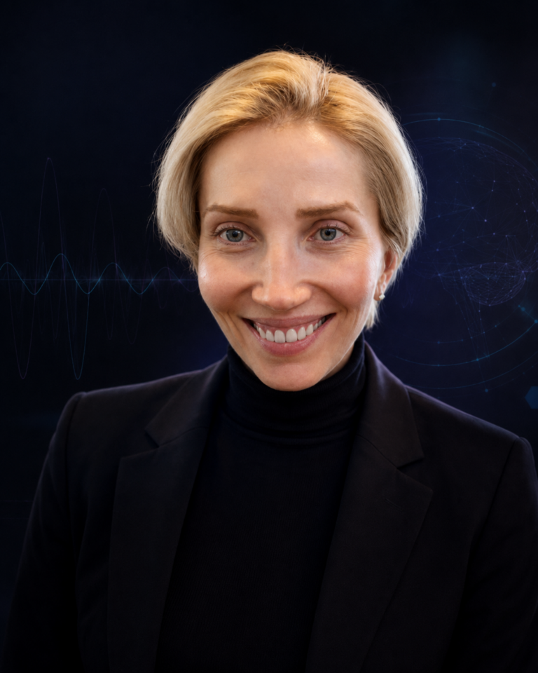 Portrait of Alexandra Bernadotte against a neural-signal field